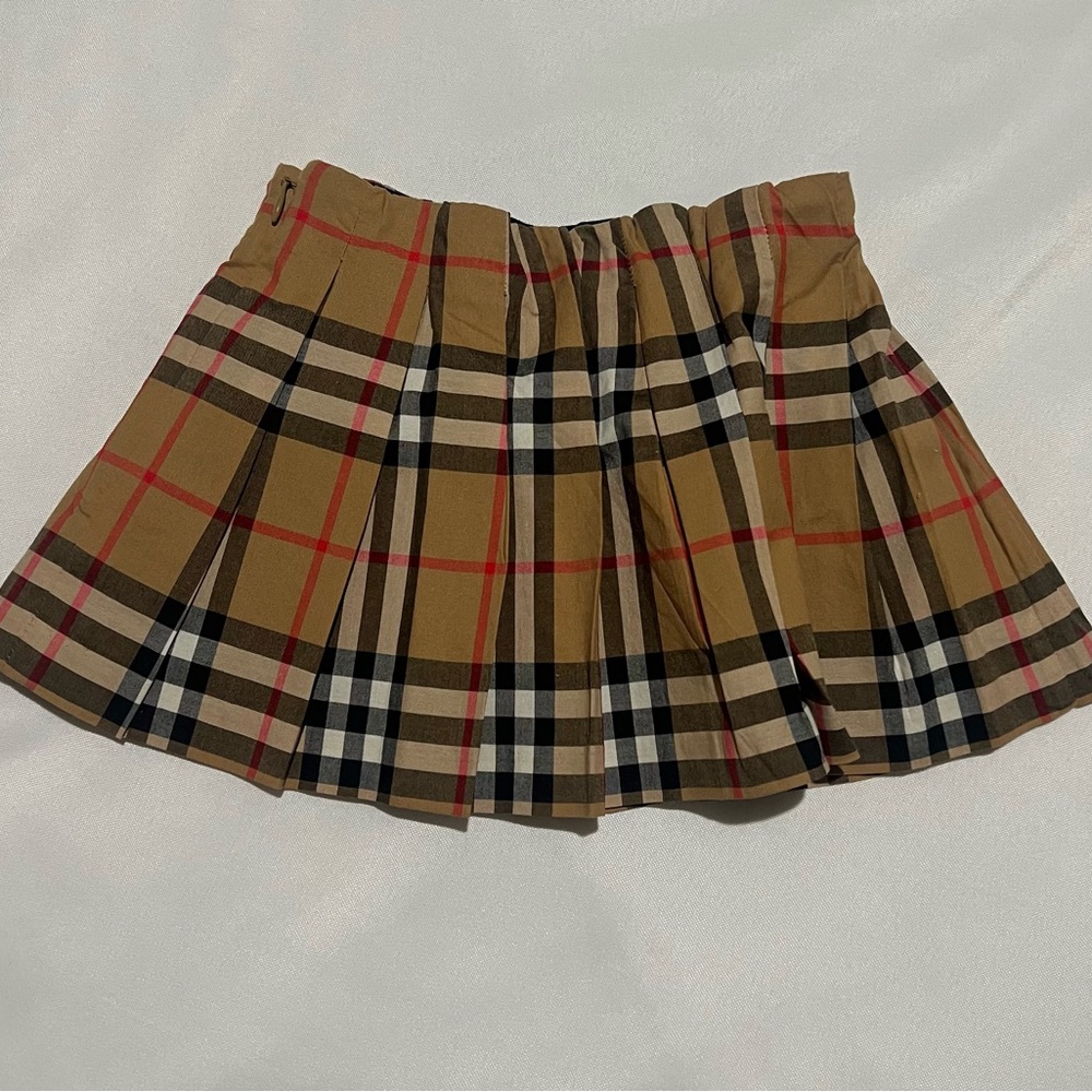 Burberry Girls Tan Plaid Pleated Skirt with Black, White & Red Accents